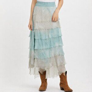 MEo Meli Silk Layered Maxi Skirt Boho Western Italy Aqua OS Medium